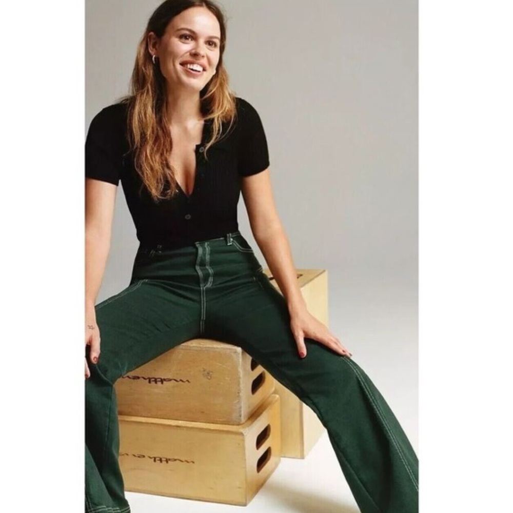New! Free People High Rise Foxy Forest Green Flare Jeans 70s Retro 💚 Size 26 - Picture 3 of 5